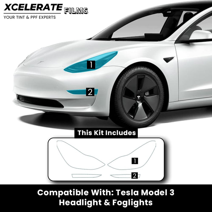 XCelerate Films Compatible with Tesla Model 3 (2017-23) Headlight & Fog  Light PPF Kit TPU Pre-Cut Paint Protection Film Clear Bra - Tools Included